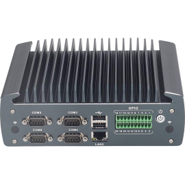 Widok przedniego panelu komputera przemysłowego z 4 portami COM i 18-bitowym złączem GPIO - IBOX-1226