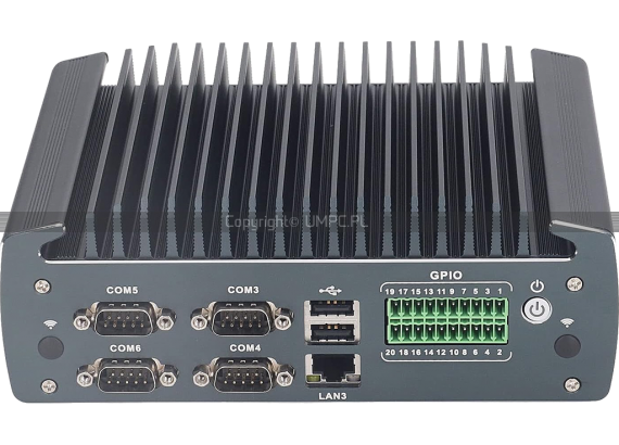 Widok przedniego panelu komputera przemysłowego z 4 portami COM i 18-bitowym złączem GPIO - IBOX-1226