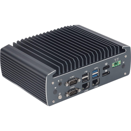 Widok przedniego panelu komputera przemysłowego z 4 portami COM i 18-bitowym złączem GPIO - IBOX-1226